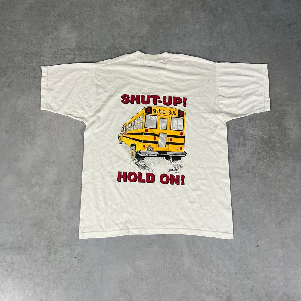 Vintage 90’s School Bus Get In! Sit Down! White Parody Men's T-shirt Size Medium